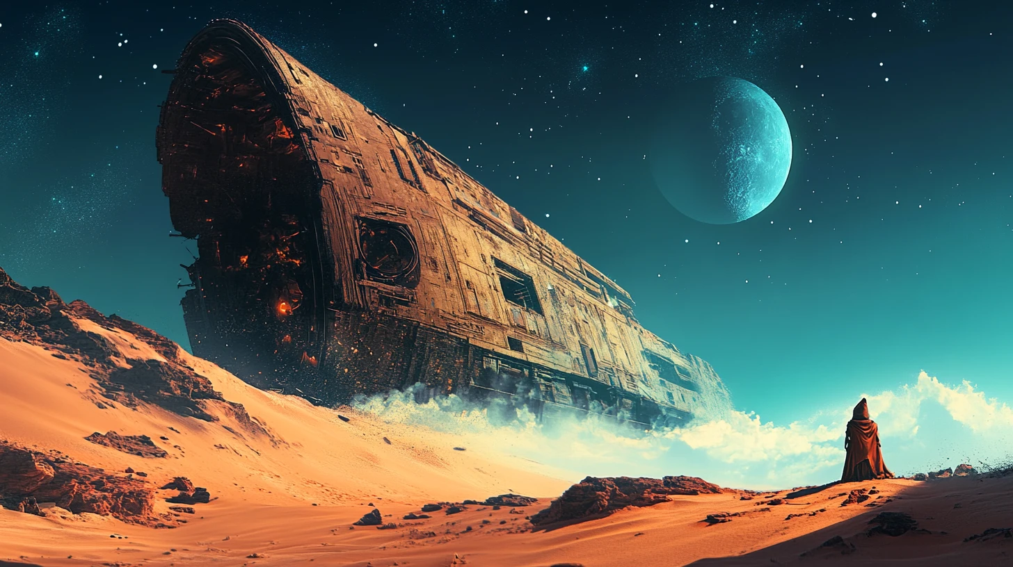 Gnome Watching A Colossal Ship In An Alien Desert