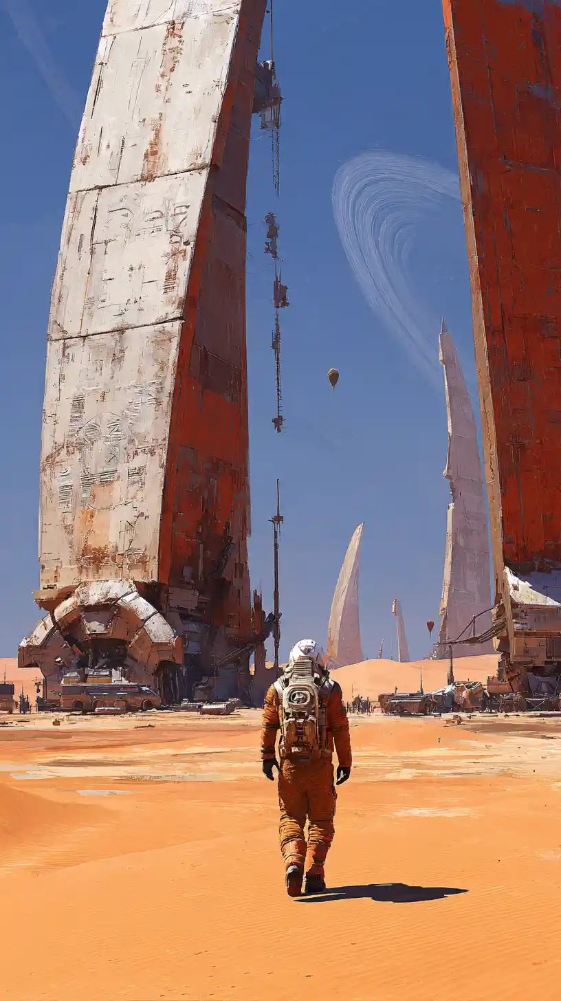 Lone Astronaut Crossing Alien Dunes Toward Ancient Monolith