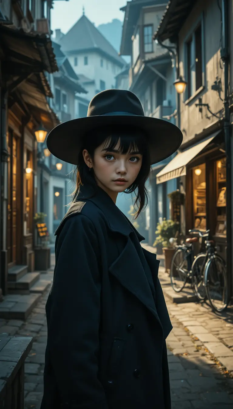 Melancholic anime schoolgirl standing in a dim urban alley