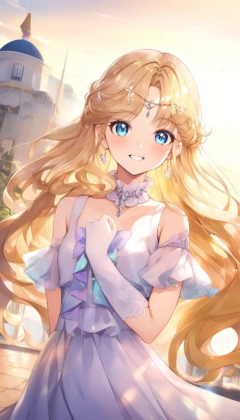 Joyful blonde anime woman at sunset in soft focus