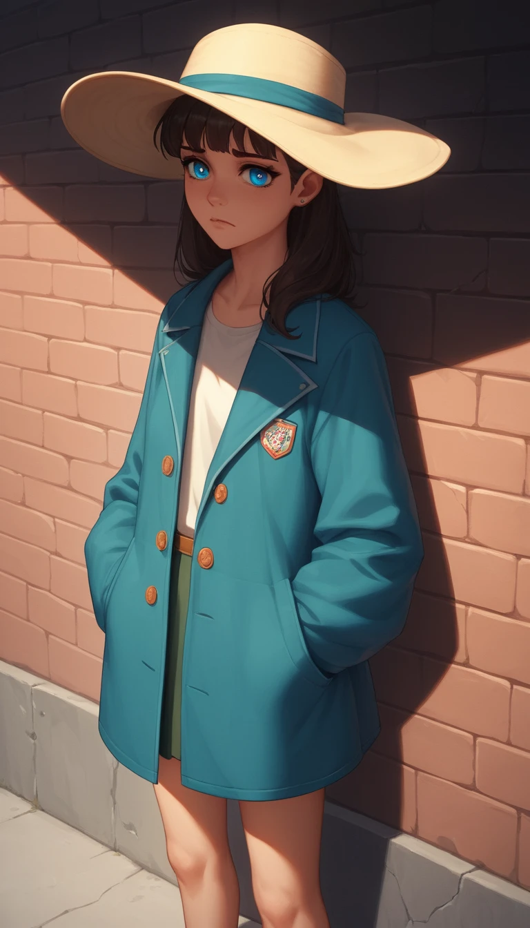 Melancholic Japanese schoolgirl standing in a shadowy alleyway