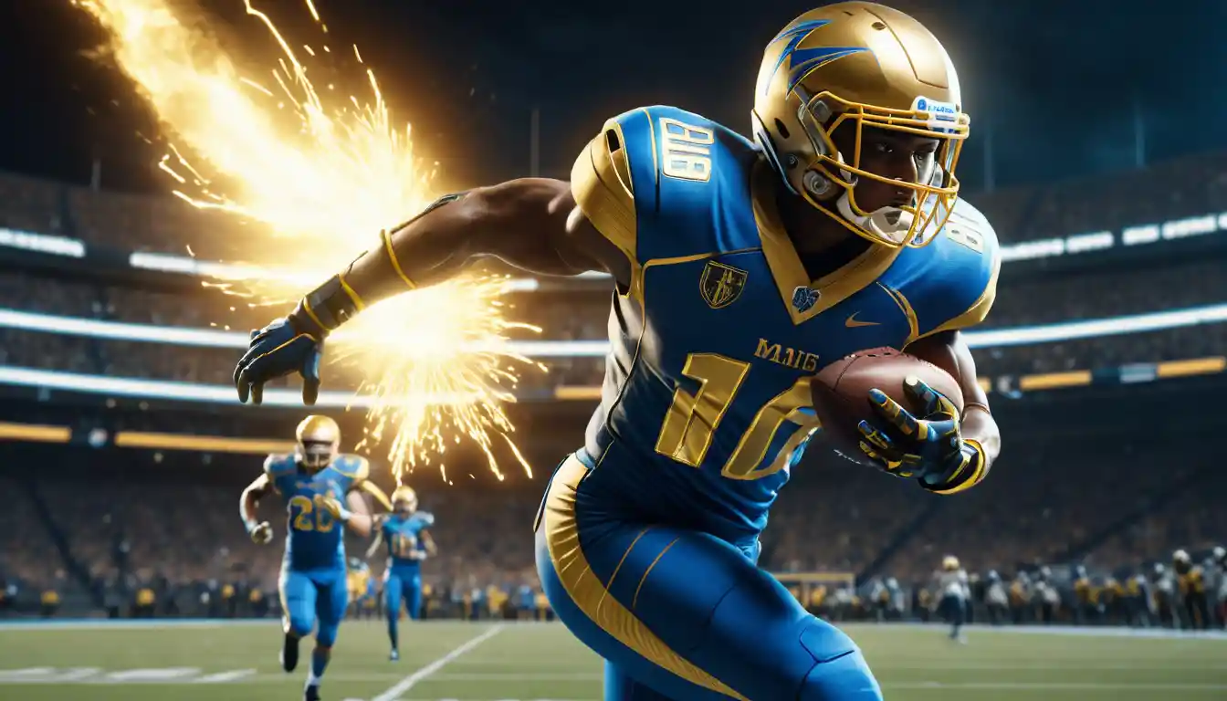 Futuristic football player sprinting toward a dramatic touchdown
