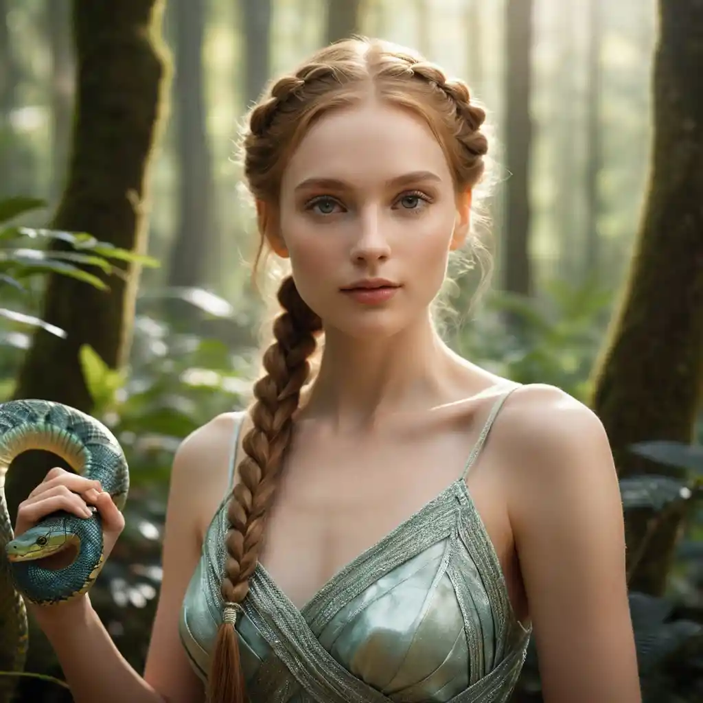Femme serpent debout dans une clairière ensoleillée