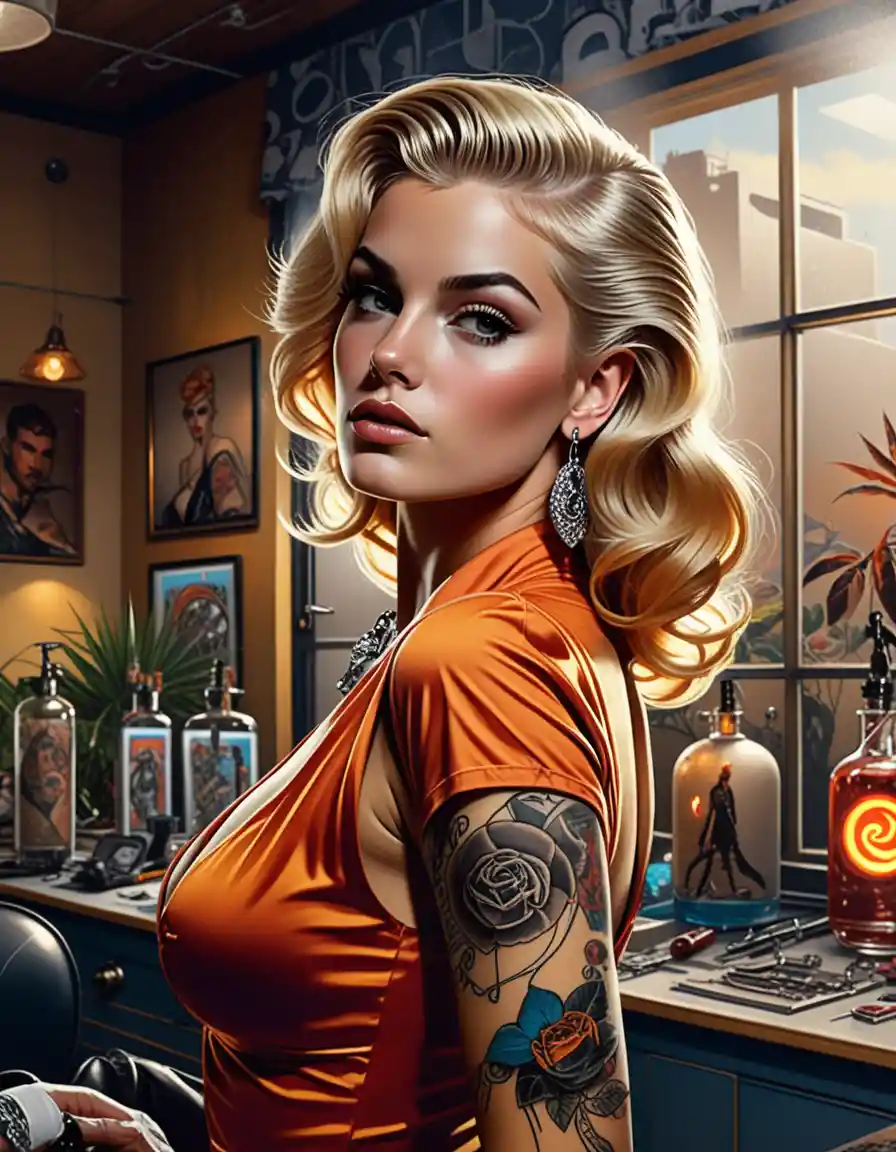 Blonde pin up woman in a sunlit tattoo parlor