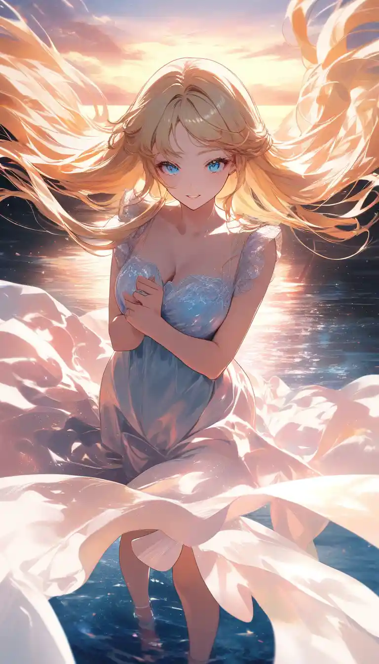 Blonde anime girl smiling in sunset outdoor scene