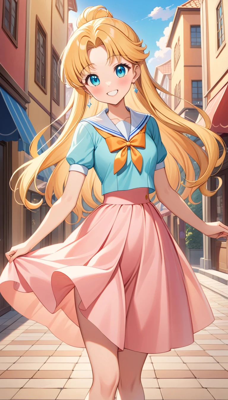 Joyful blonde anime girl at sunset in a flowing outfit