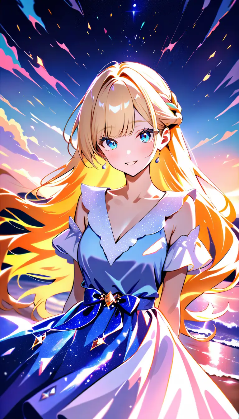 Joyful blonde anime girl at sunset in soft focus
