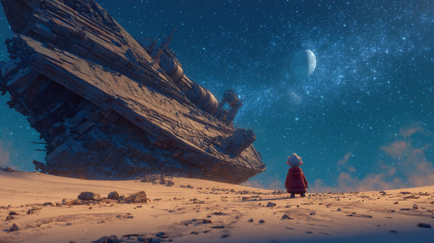 Gnome Watching A Derelict Spaceship In Alien Desert Night
