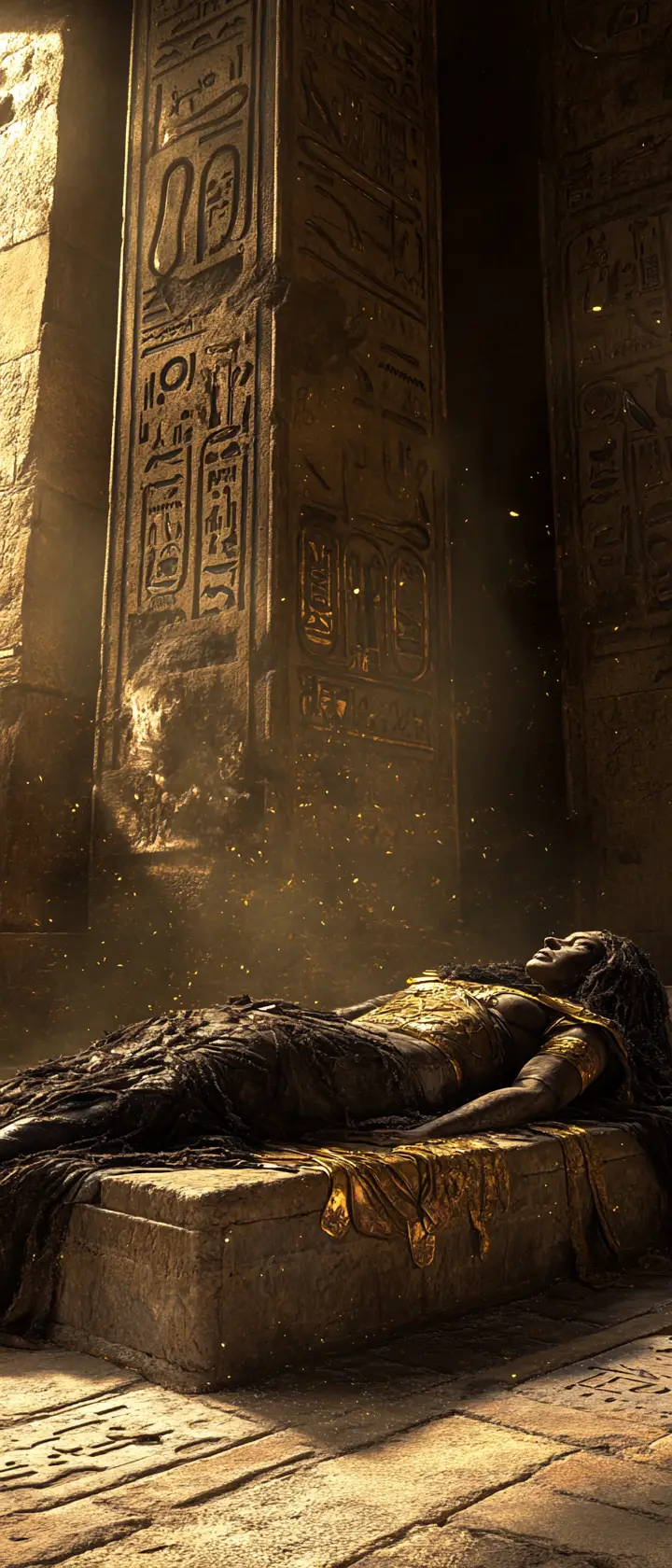 Cleopatra mummificata su divano di pietra in tempio egizio