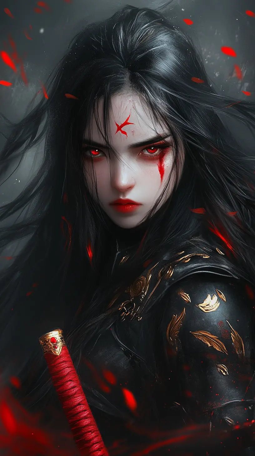 Dark haired mystical warrior woman with red eyes