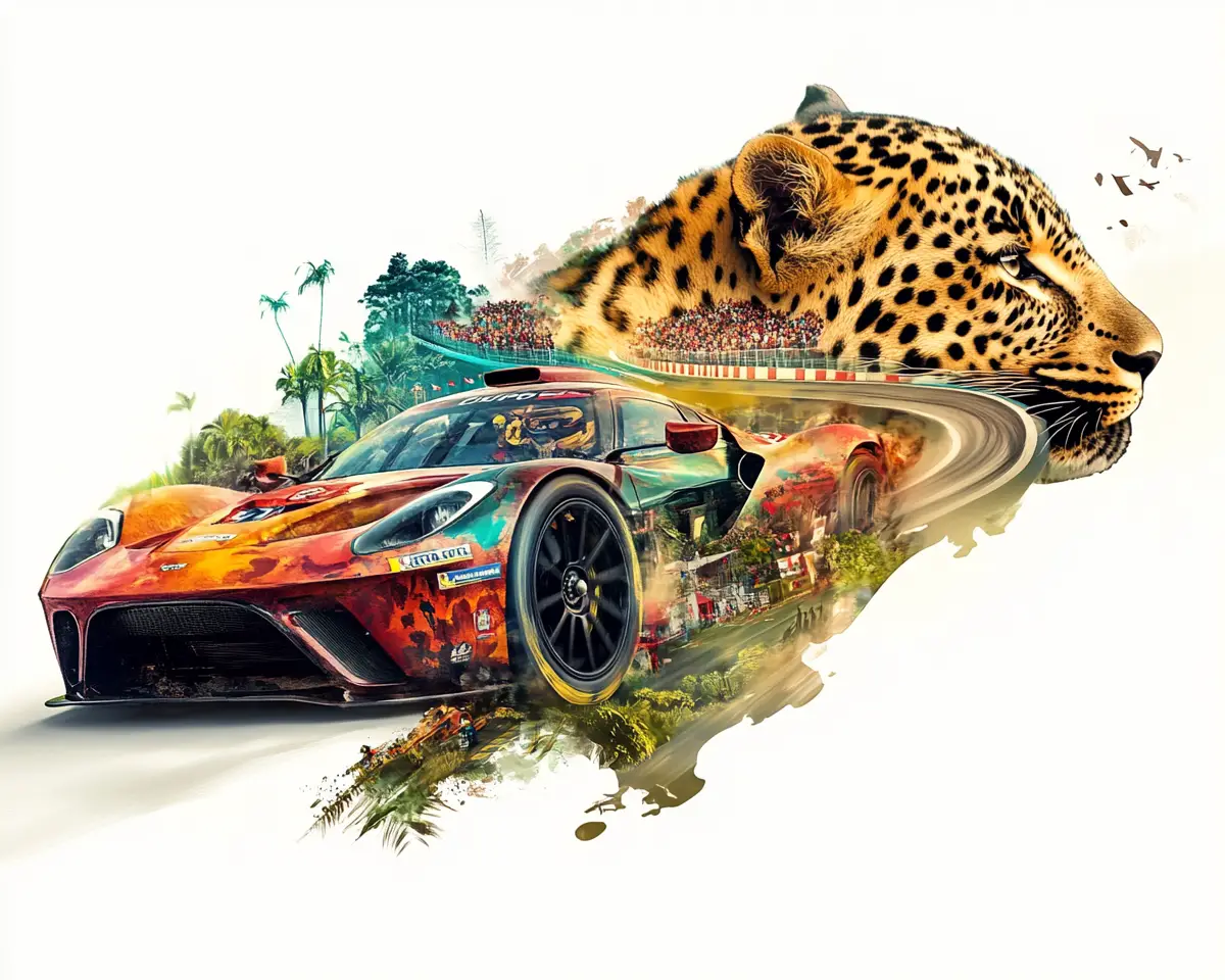 猛スピードのレーシングカーと威厳あるヒョウの横顔が融合したアート