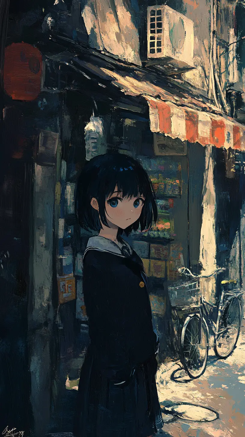 Melancholic anime schoolgirl embracing a cowboy in alley