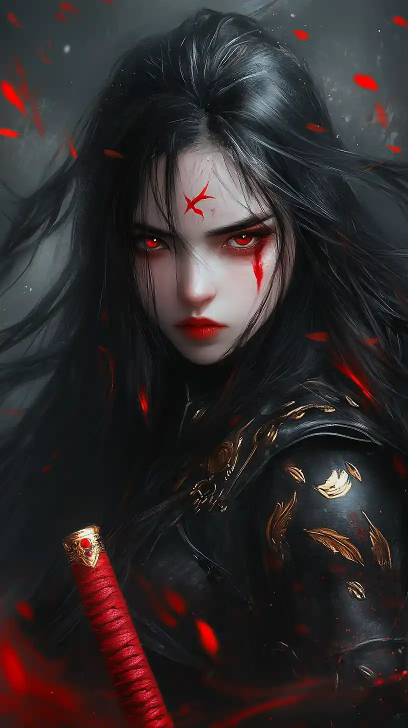 Dark haired mystical warrior woman with red eyes