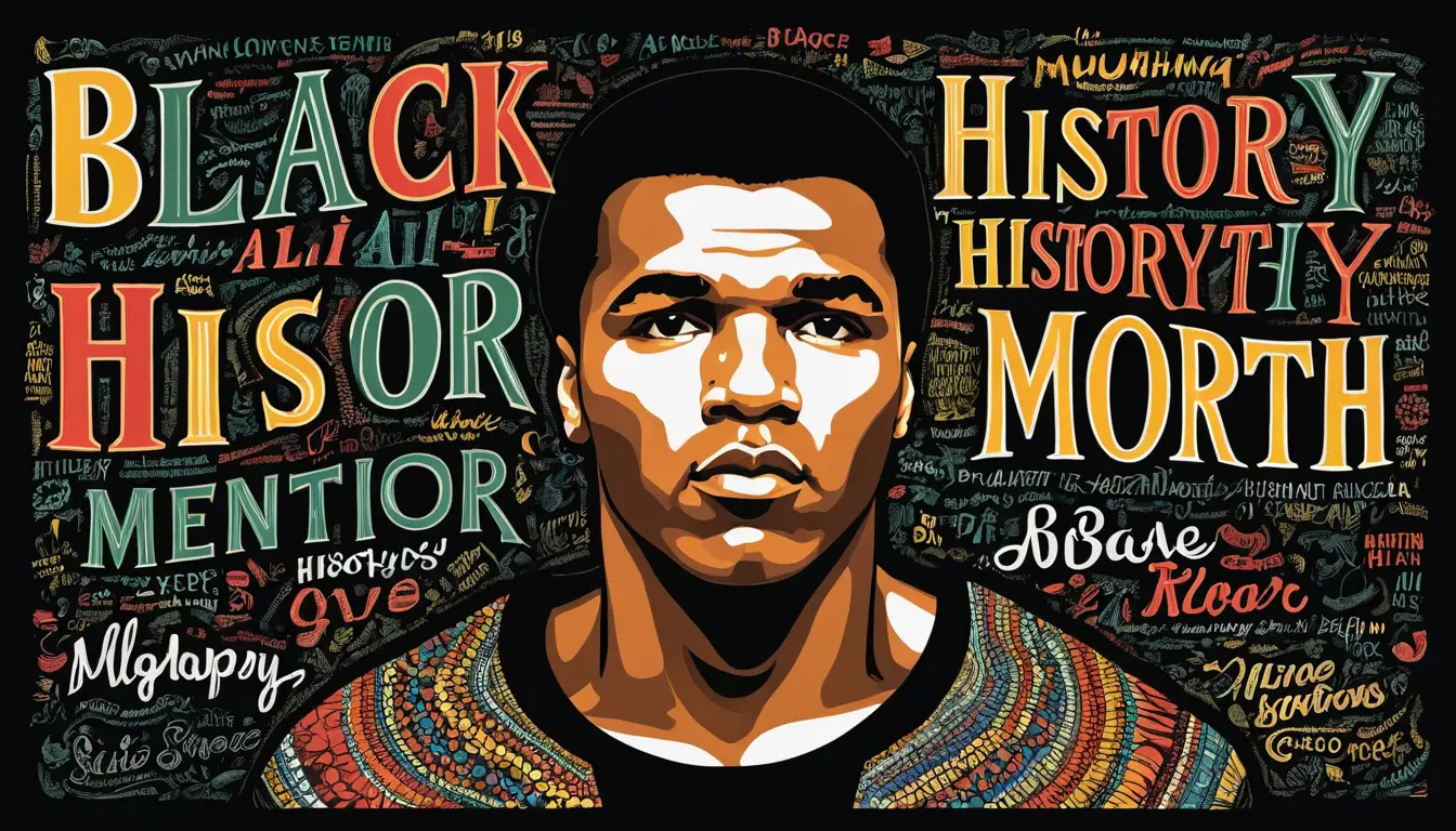 Black History Month text with hand drawn boxing legend portrait