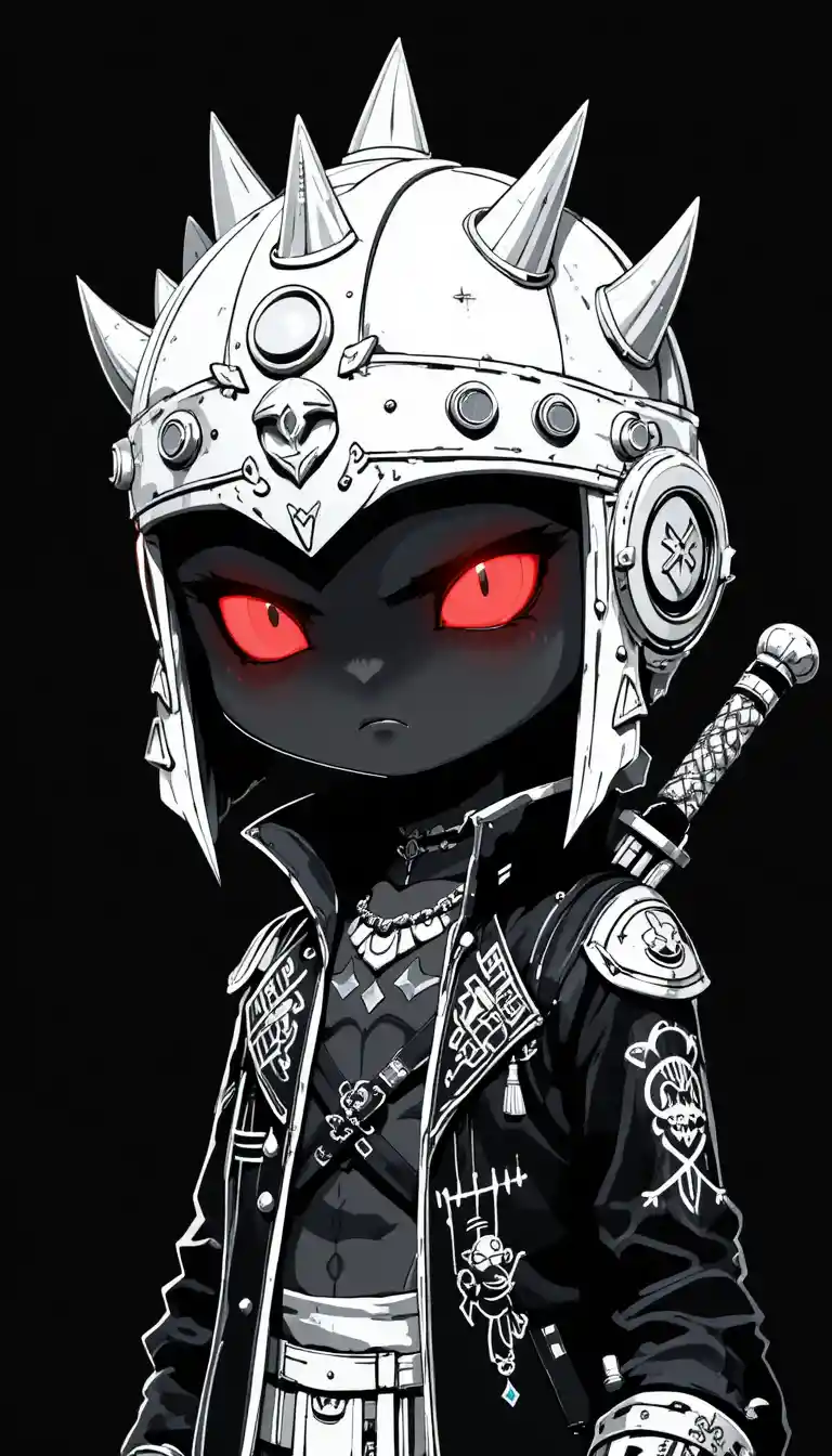 Dark cartoon warrior with glowing red eyes on black