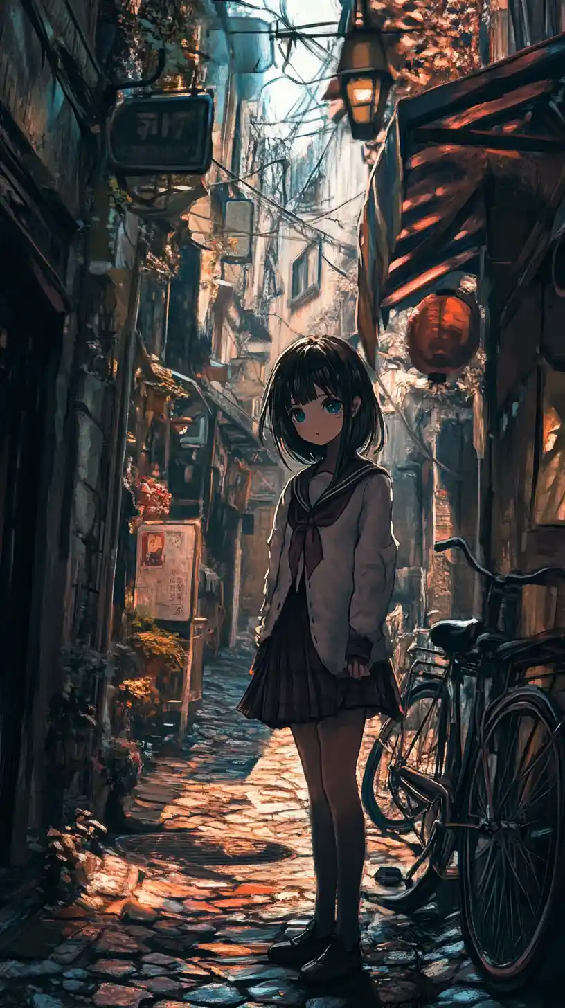 Sad Japanese schoolgirl standing in a dim urban alleyway