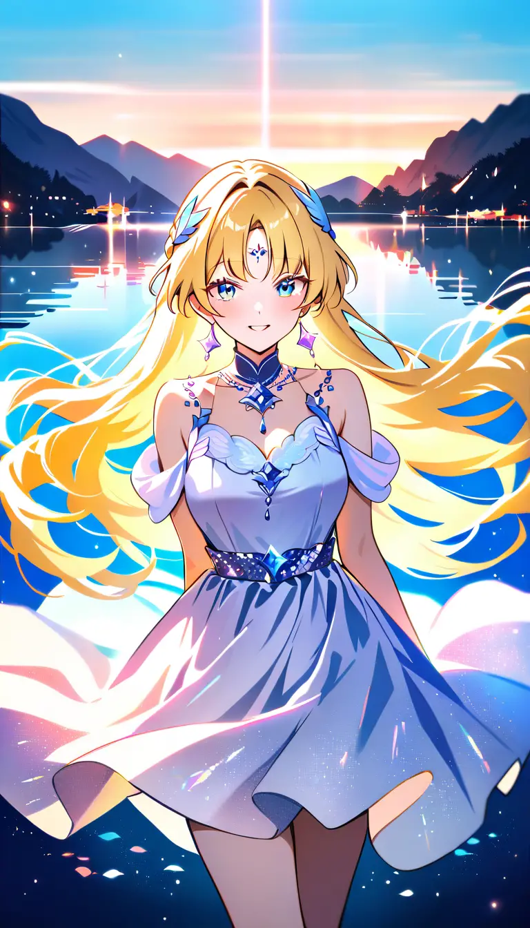 Joyful blonde anime woman at sunset outdoors