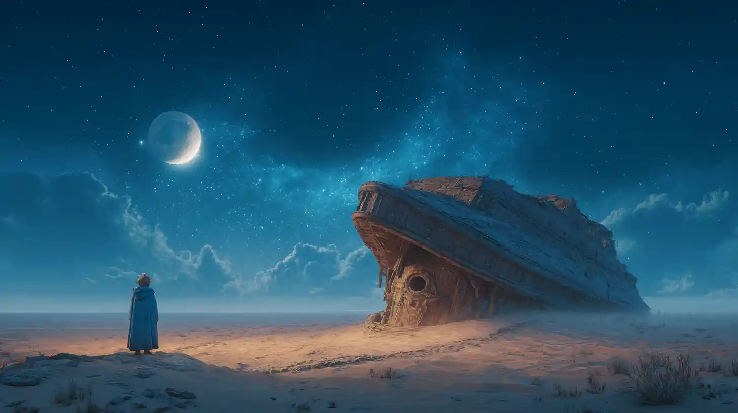 Gnome Watching Derelict Spaceship In Alien Desert Night