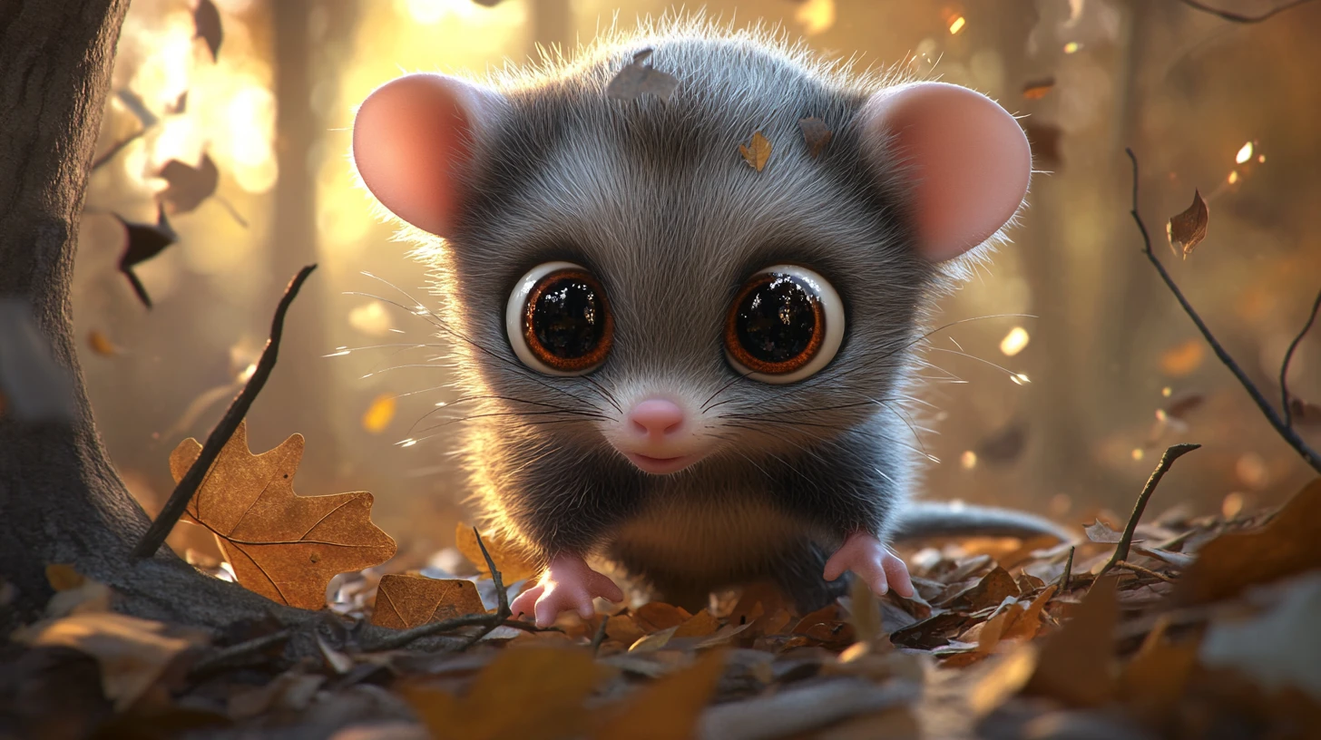Cute baby opossum exploring pastel woodland at dusk