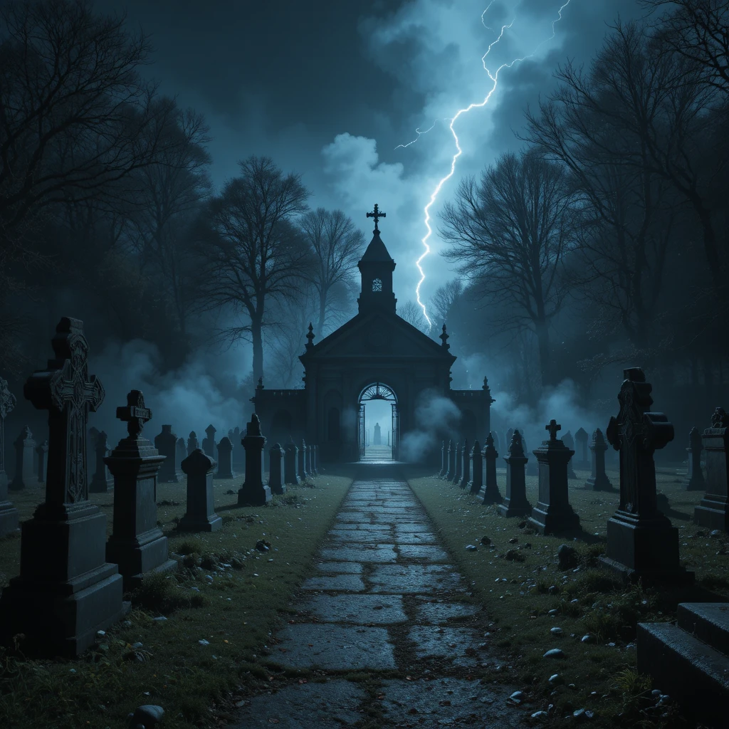 Escena de cementerio nocturno con relámpagos y siniestra niebla flotante