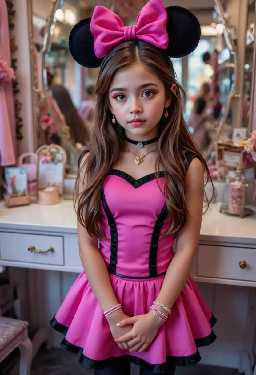 Menino pré-adolescente vestido de Minnie Mouse em interior de boutique