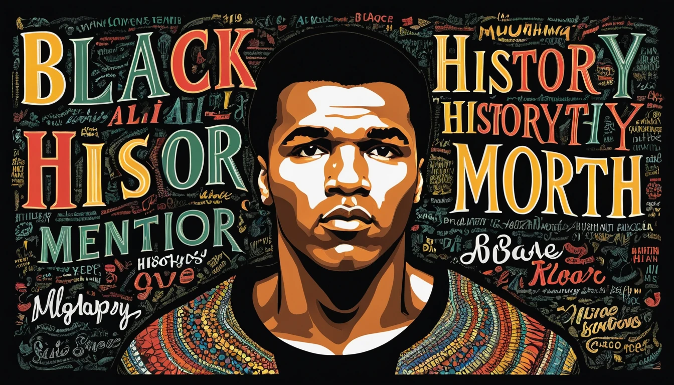Black History Month Schriftzug mit handgezeichnetem Porträt einer Boxlegende