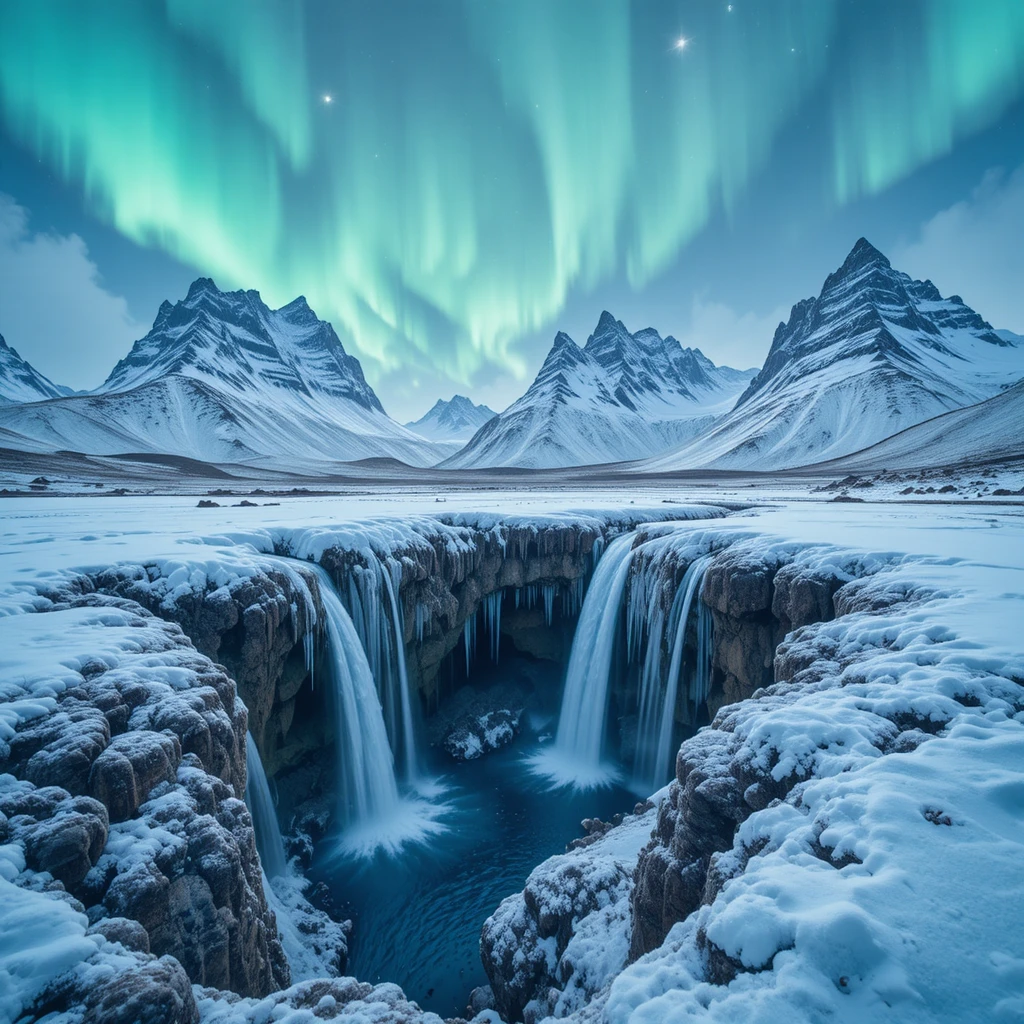 Montañas nevadas de Islandia bajo un cielo de auroras boreales resplandeciente