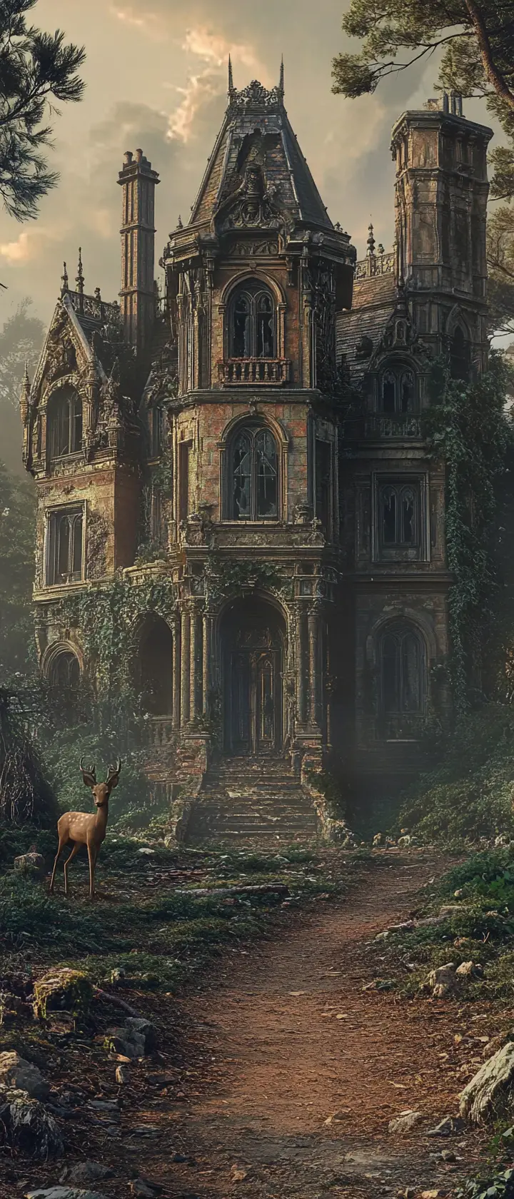 Decaying Victorian forest villa at sunset with lone deer