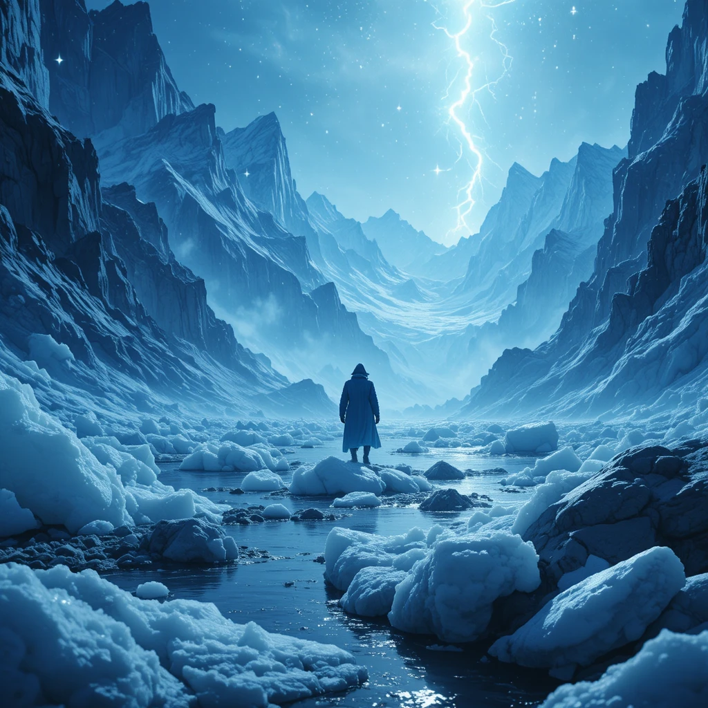 Lobo solitario en un paisaje de hielo etéreo y resplandeciente