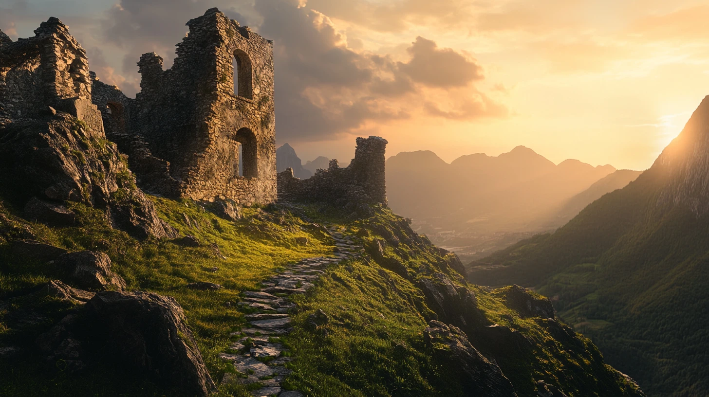 Antiche rovine di un castello su una scogliera al tramonto dorato