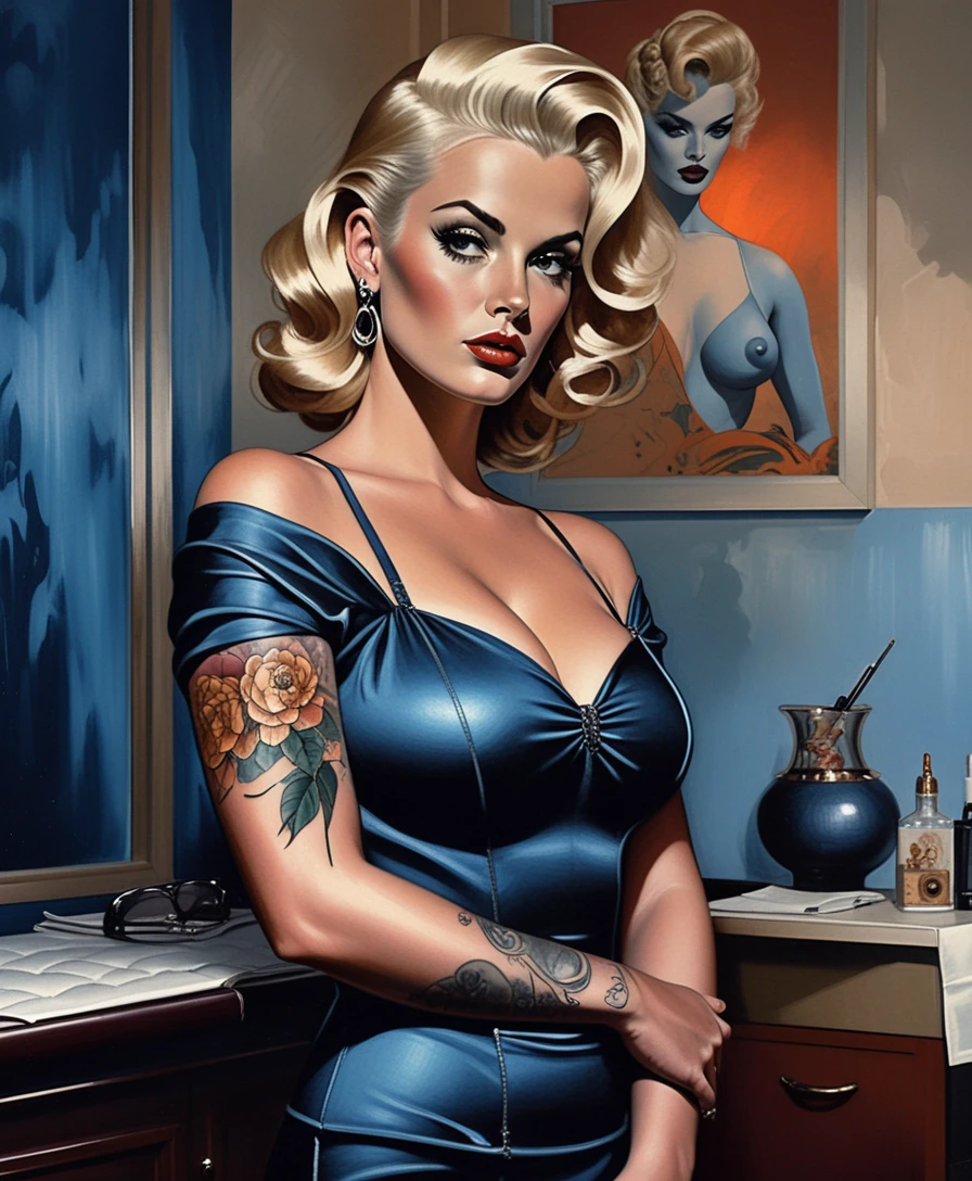 Blonde pin up woman in a lush tattoo studio