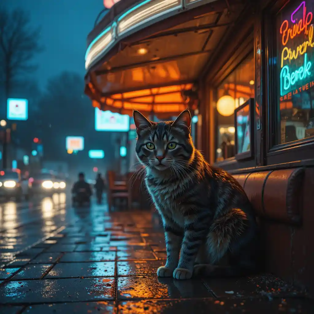 Lonely stray cat under neon diner awning in rain