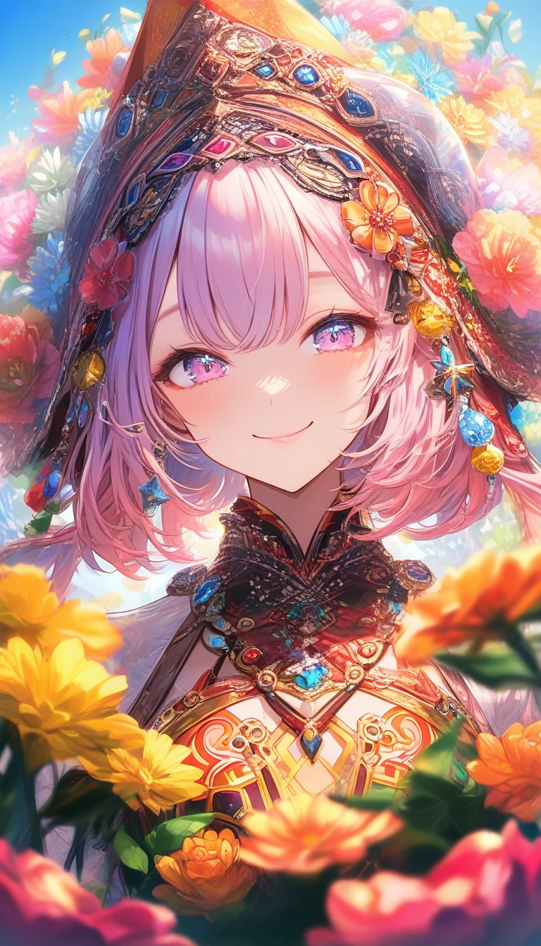 Playful girl in floral outfit under a sunny sky