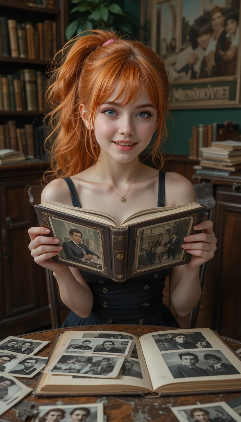 Chica de pelo naranja sonriendo a un viejo álbum de fotos