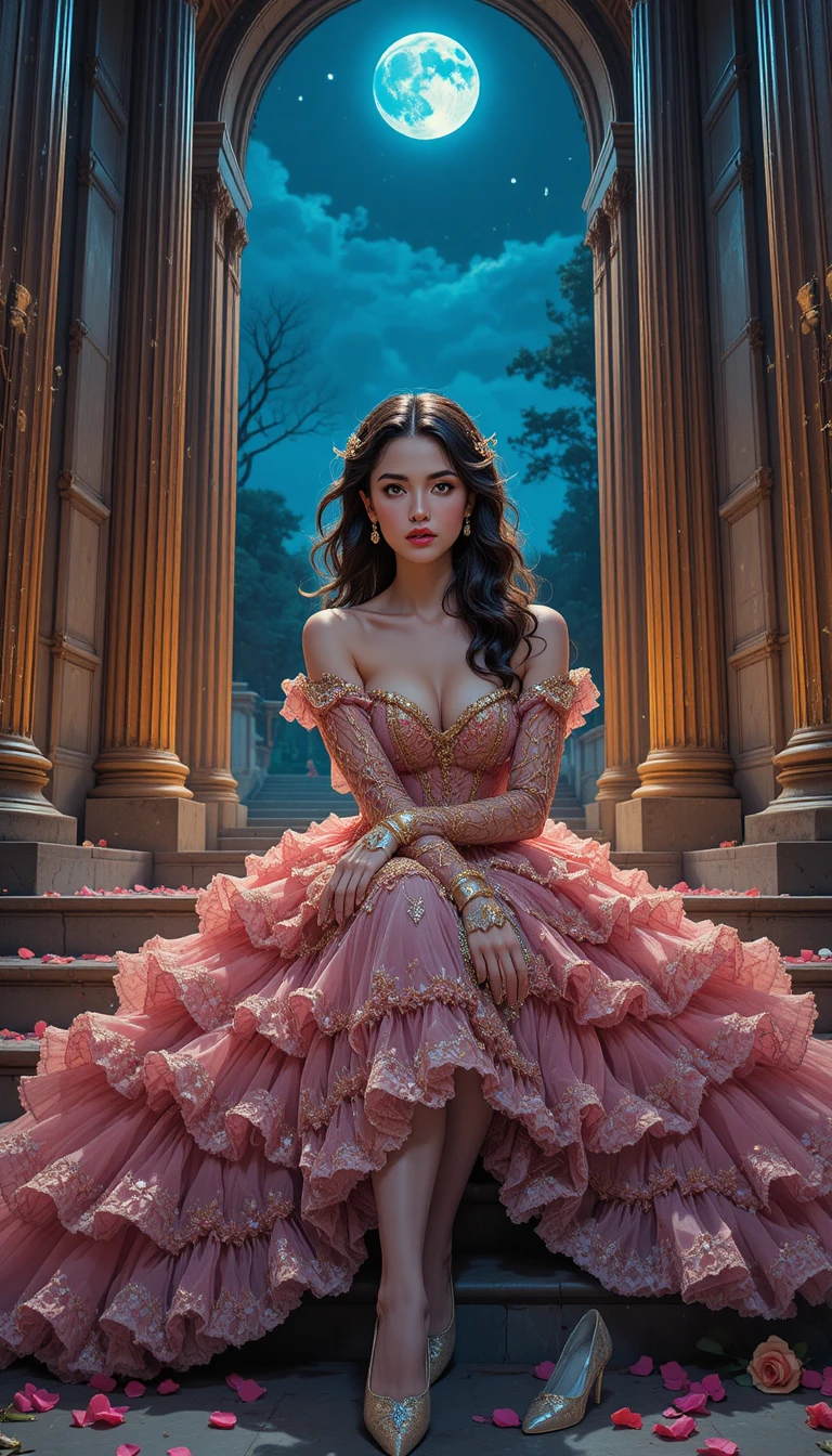 Elegant woman in pink gown on moonlit palace steps