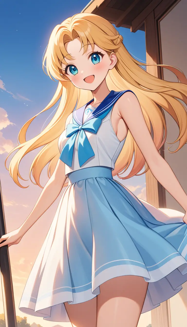 Joyful blonde anime girl at sunset in romantic outfit