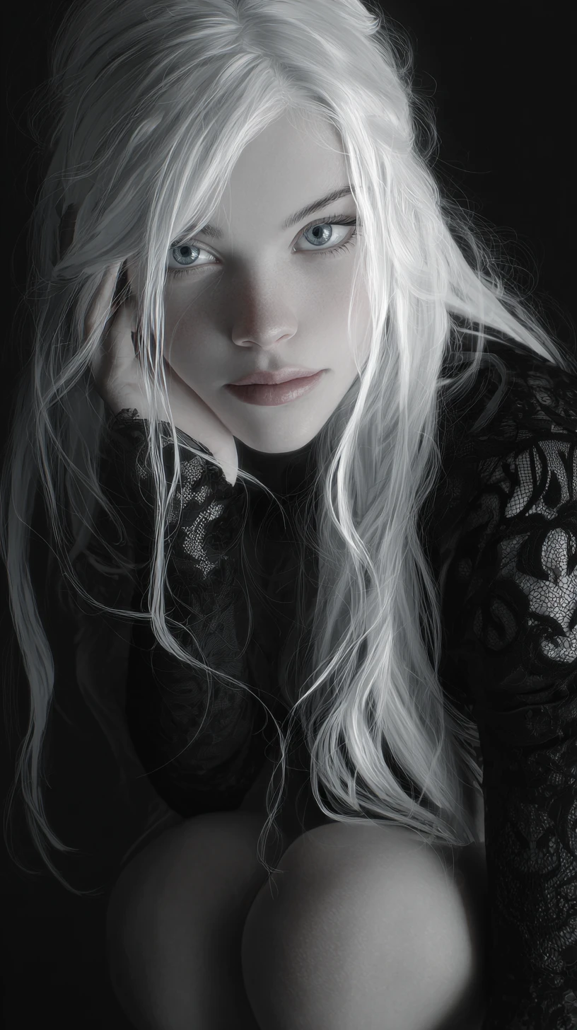 Melancholic white haired girl portrait with intense blue eyes
