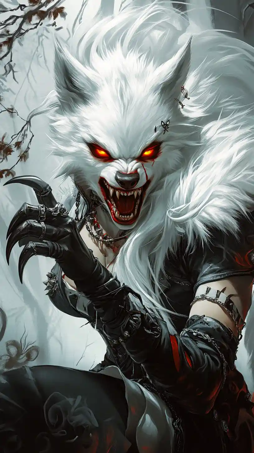 Fierce white fur werewolf woman with glowing red eyes