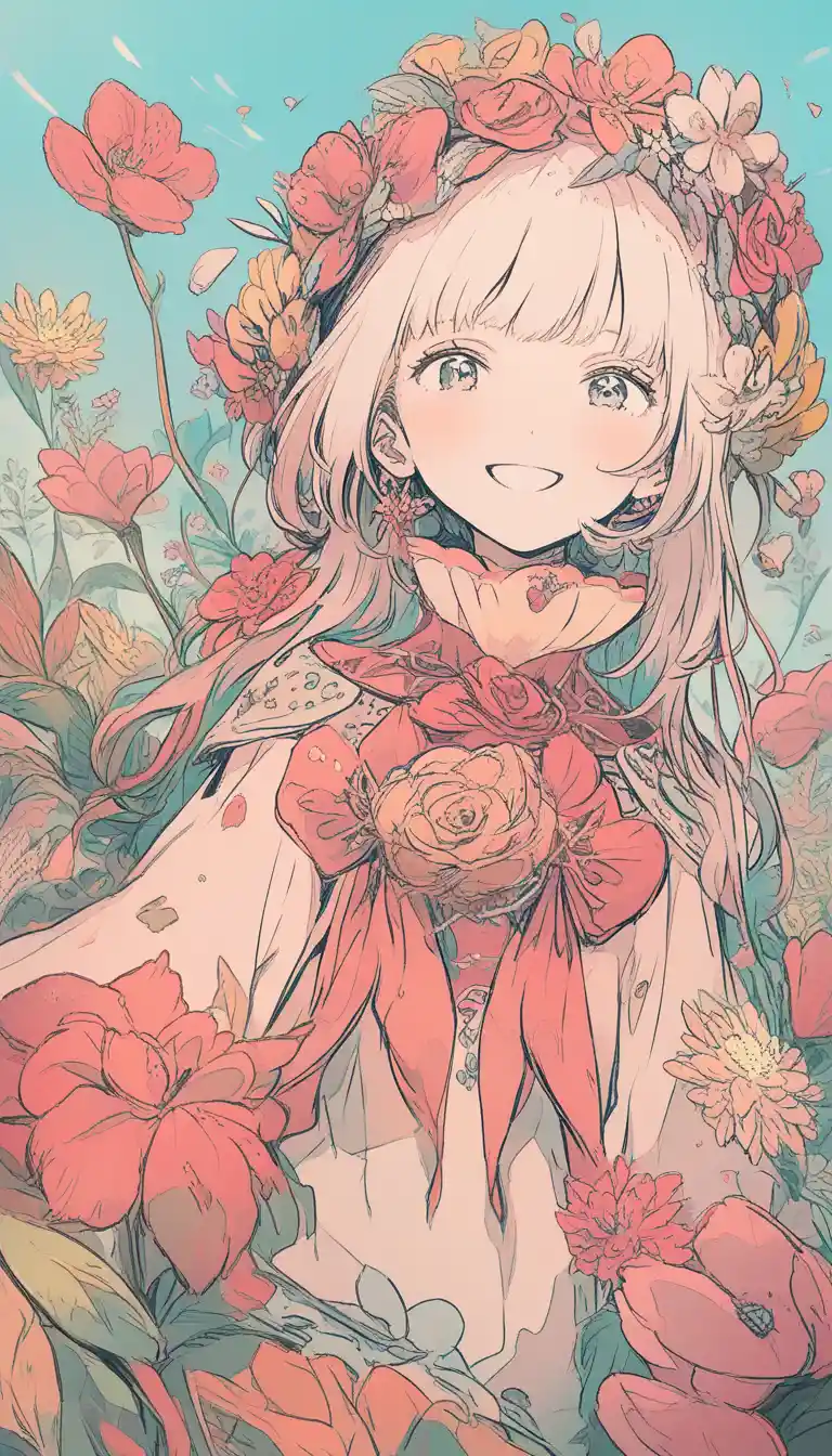 Joyful girl in floral outfit under a sunny sky