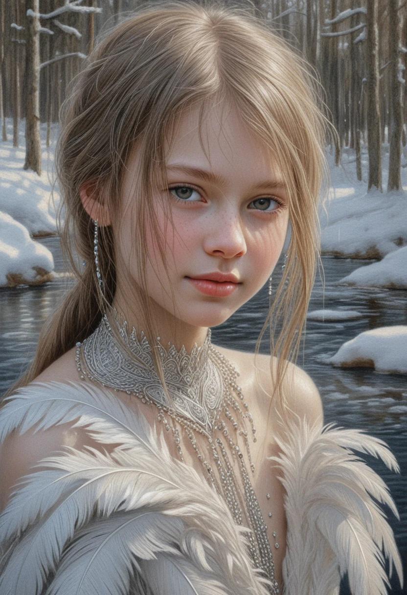 Smiling Russian girl in swan feathers by a winter stream