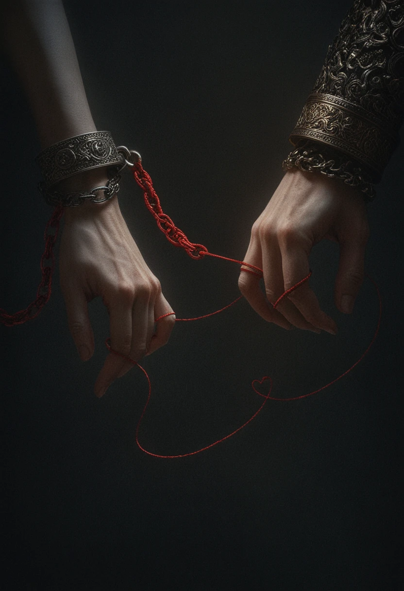 Chained and regal hands linked by a glowing red thread