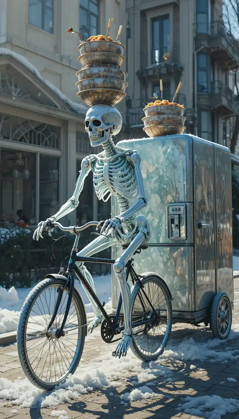 Esqueleto helado brillante en bicicleta con cuencos de ramen y nevera