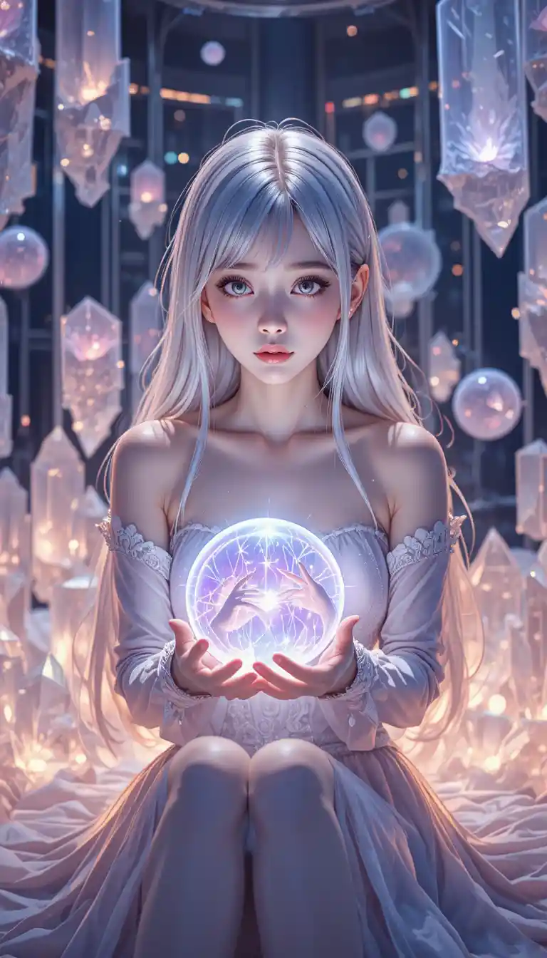 Femme d’anime aux cheveux argentés tenant un orbe de mémoire lumineux