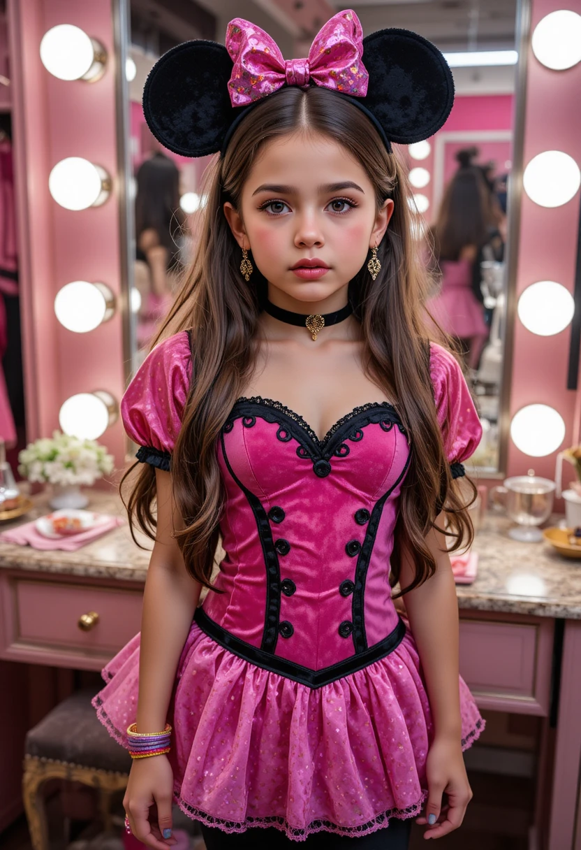 Niño preadolescente nervioso con traje de Minnie Mouse en tocador de boutique