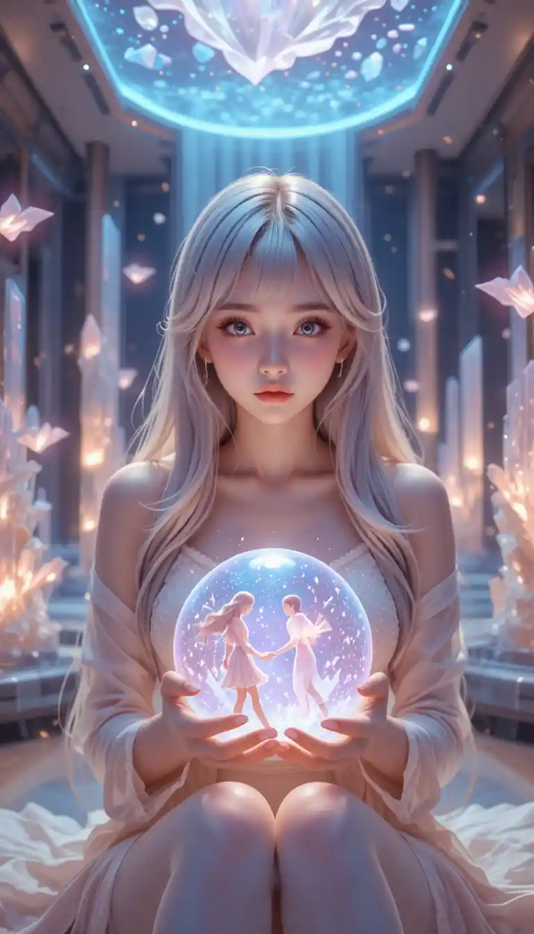 Silver haired woman with glowing memory orb in futuristic room
