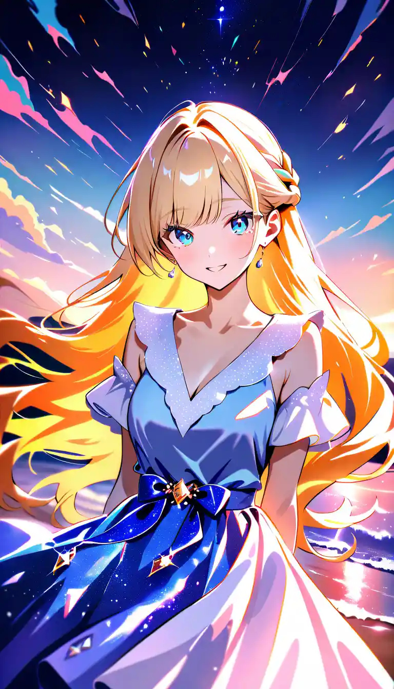 Joyful blonde anime girl at sunset in soft focus