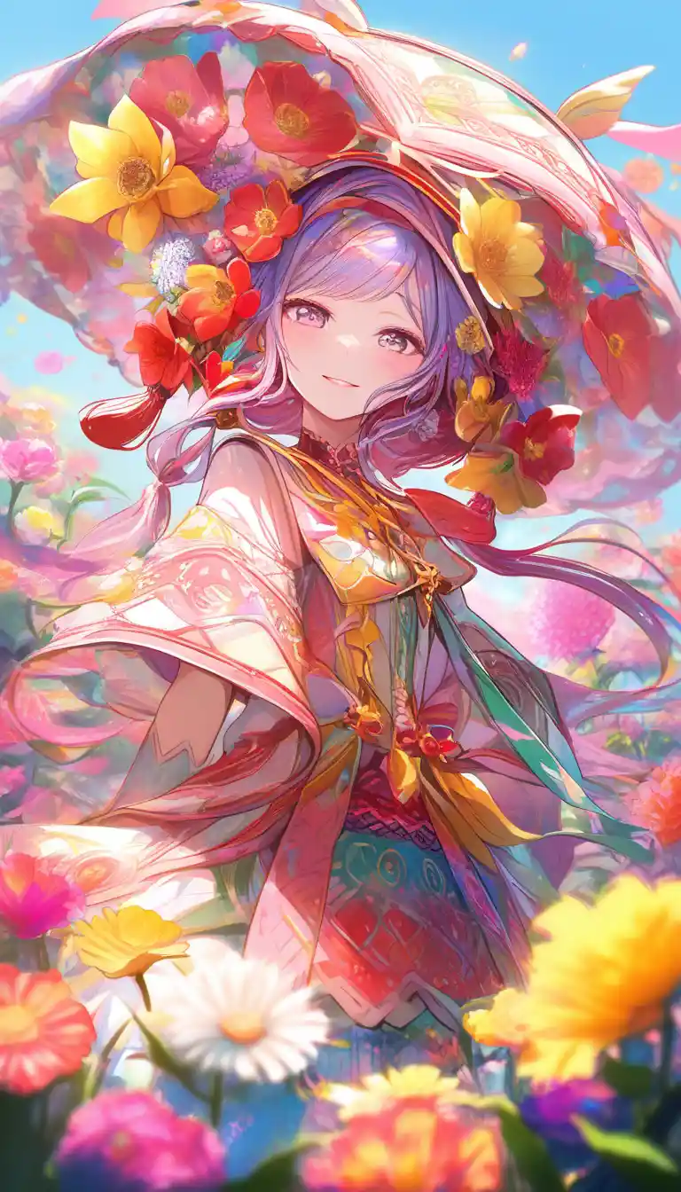 晴朗天空下穿著花卉服裝的俏皮女孩