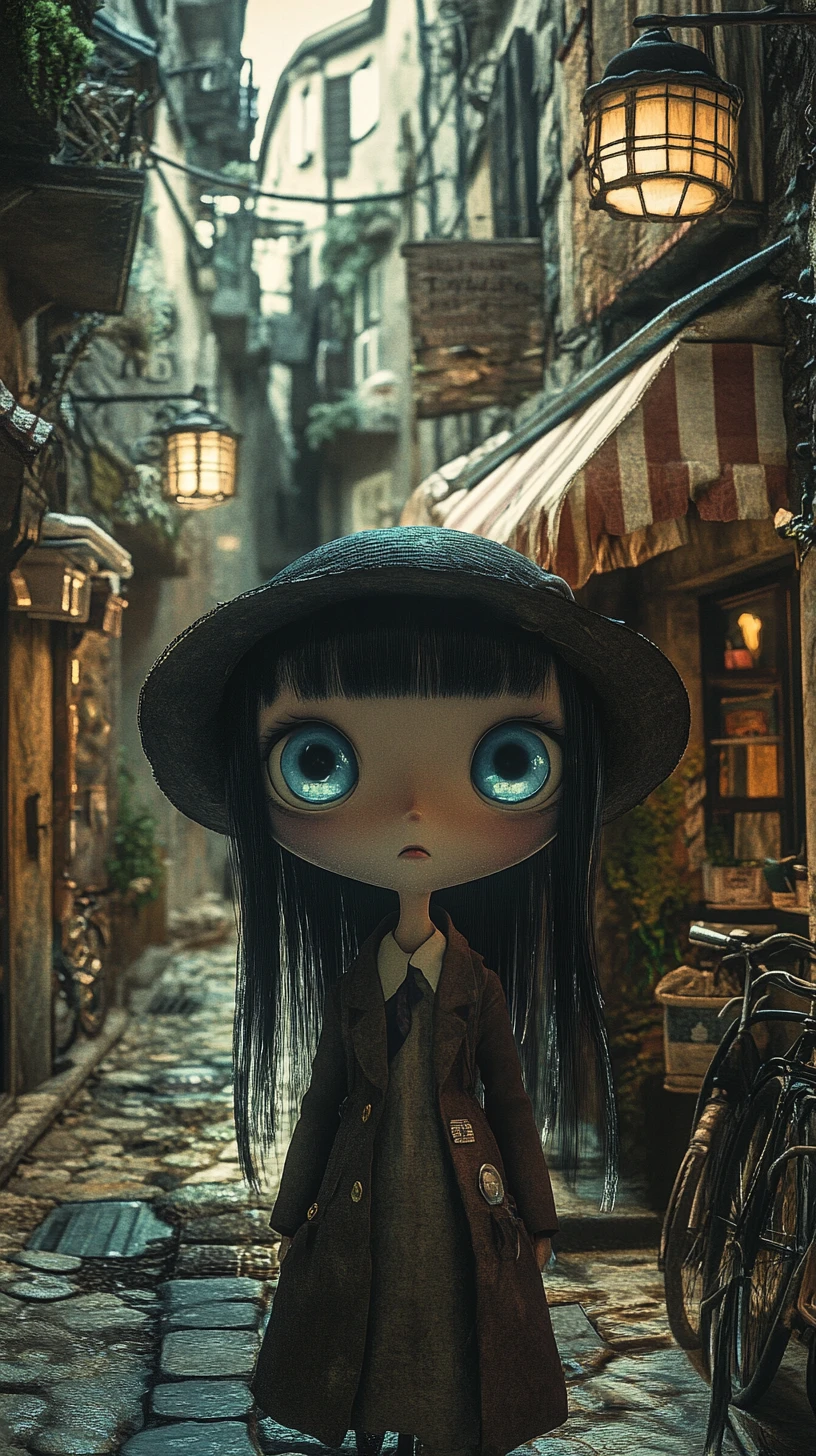 Melancholic anime schoolgirl standing in a dim urban alleyway