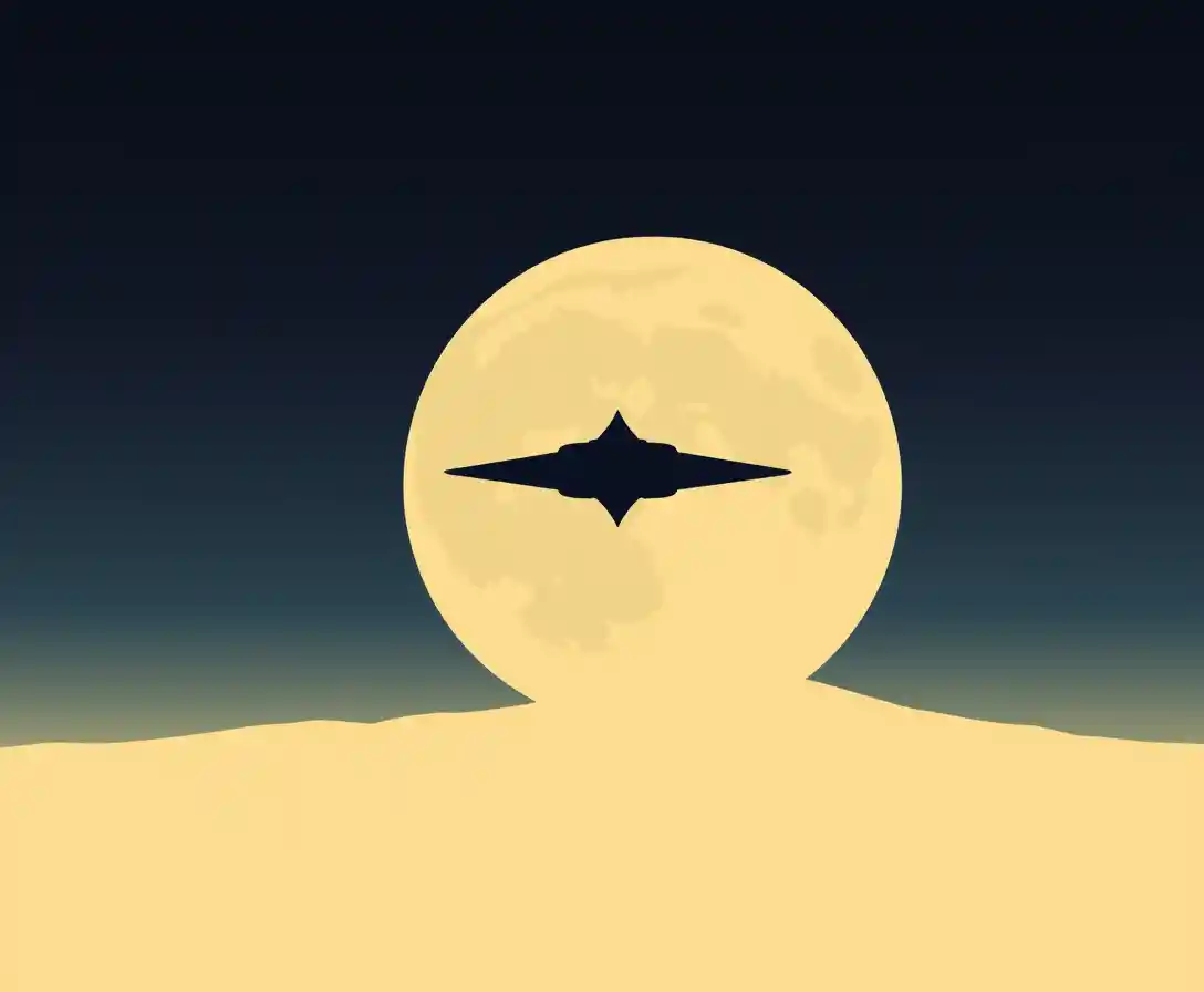 Silhouette minimalista di un'astronave contro una luna gigante