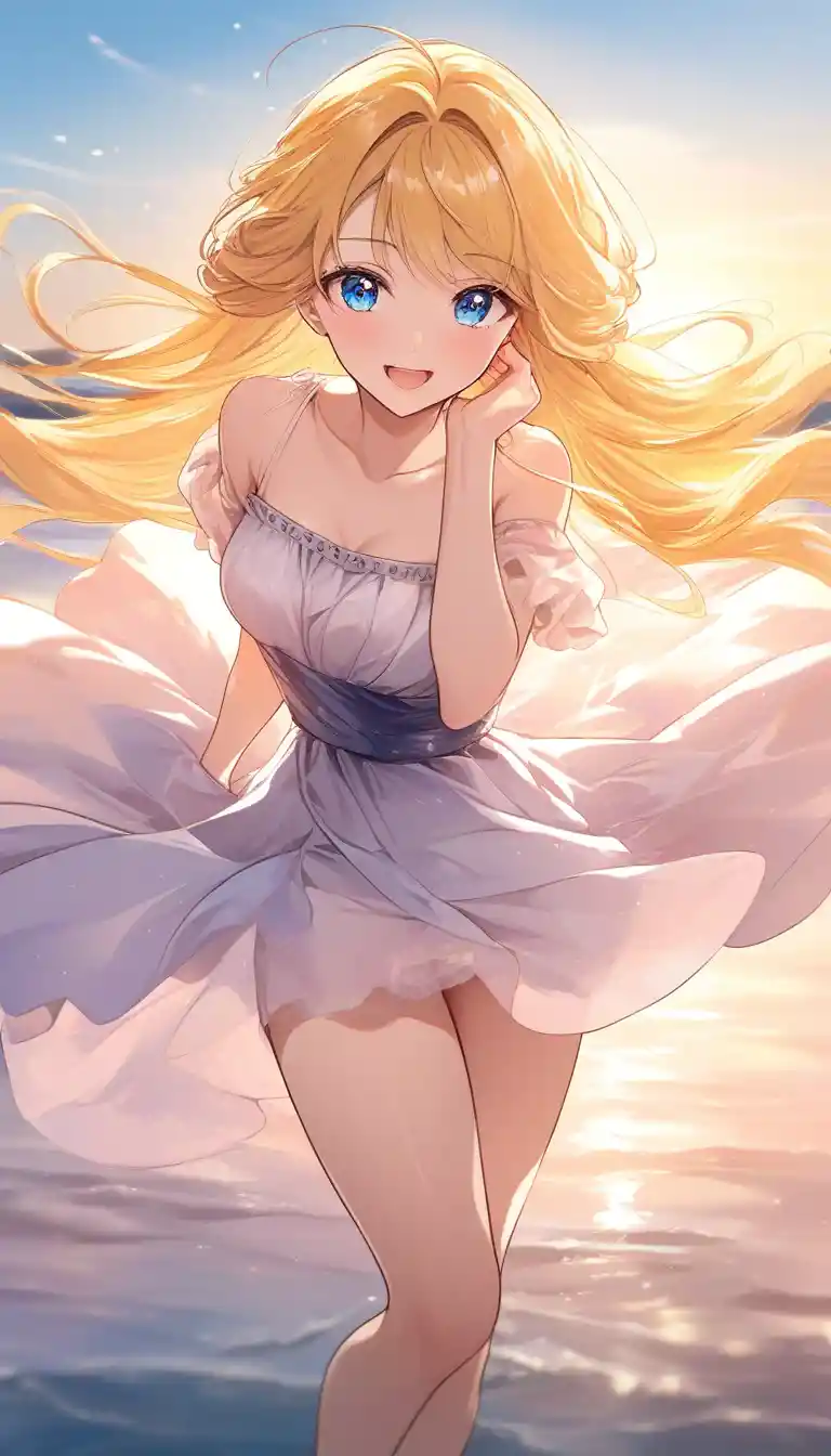 Joyful blonde anime girl at sunset in soft focus